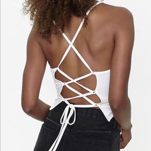 White Crop Top Spaghetti Strap Backless Lace Up Back Tank Size Large